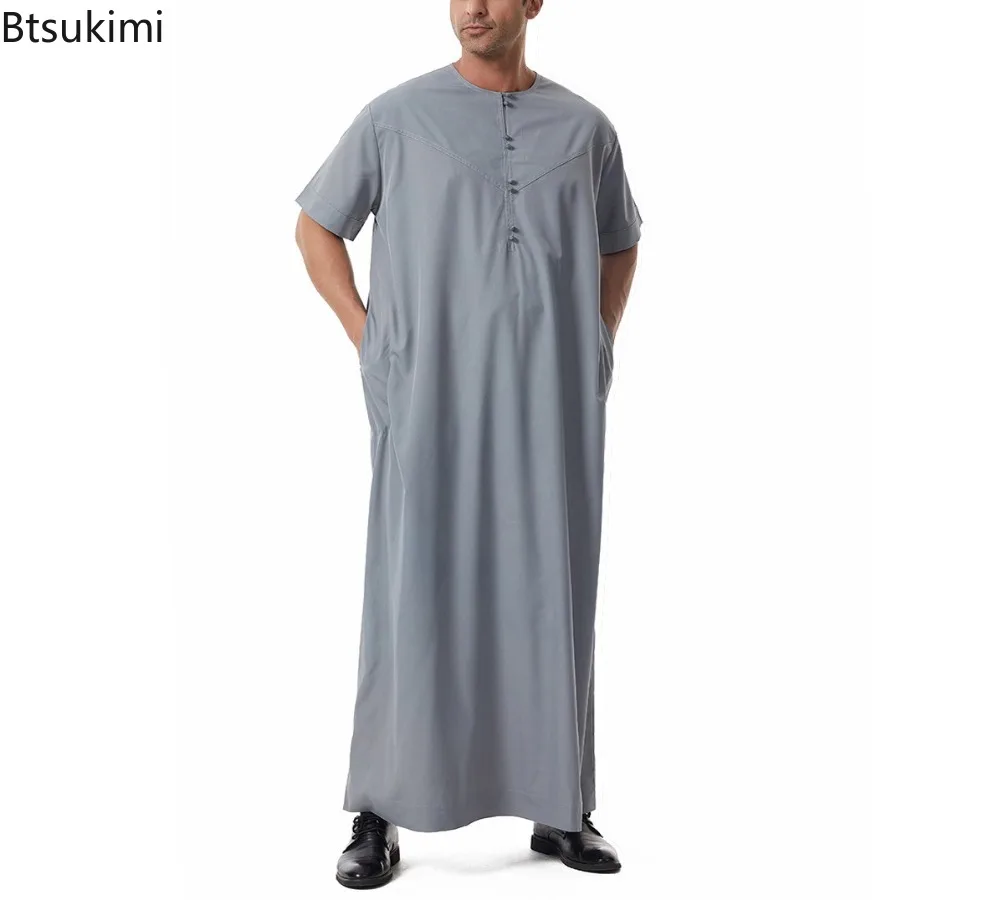 

Muslim Fashion Men Jubba Thobe Middle East Casual Kaftan Short Sleeve Solid O-neck Robe Arabic Saudi Men Abaya Islamic Clothing