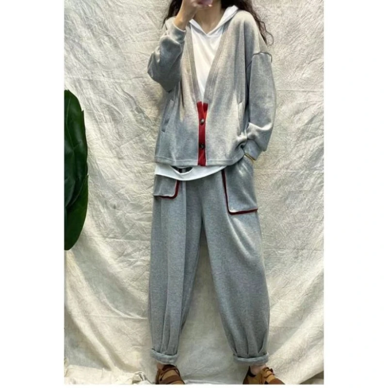 

2025 Autumn New Women's Clothes Casual Fashion Versatile Color Contrasting Hoodie 2 Piece Set Loose Cotton Coat Haren Pants Set