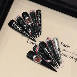 Handmade Press on Nails Extra Long Sweet and Cool Fake Nails Full Cover Wearable Dark Black Spicy Girl False Nail Patches