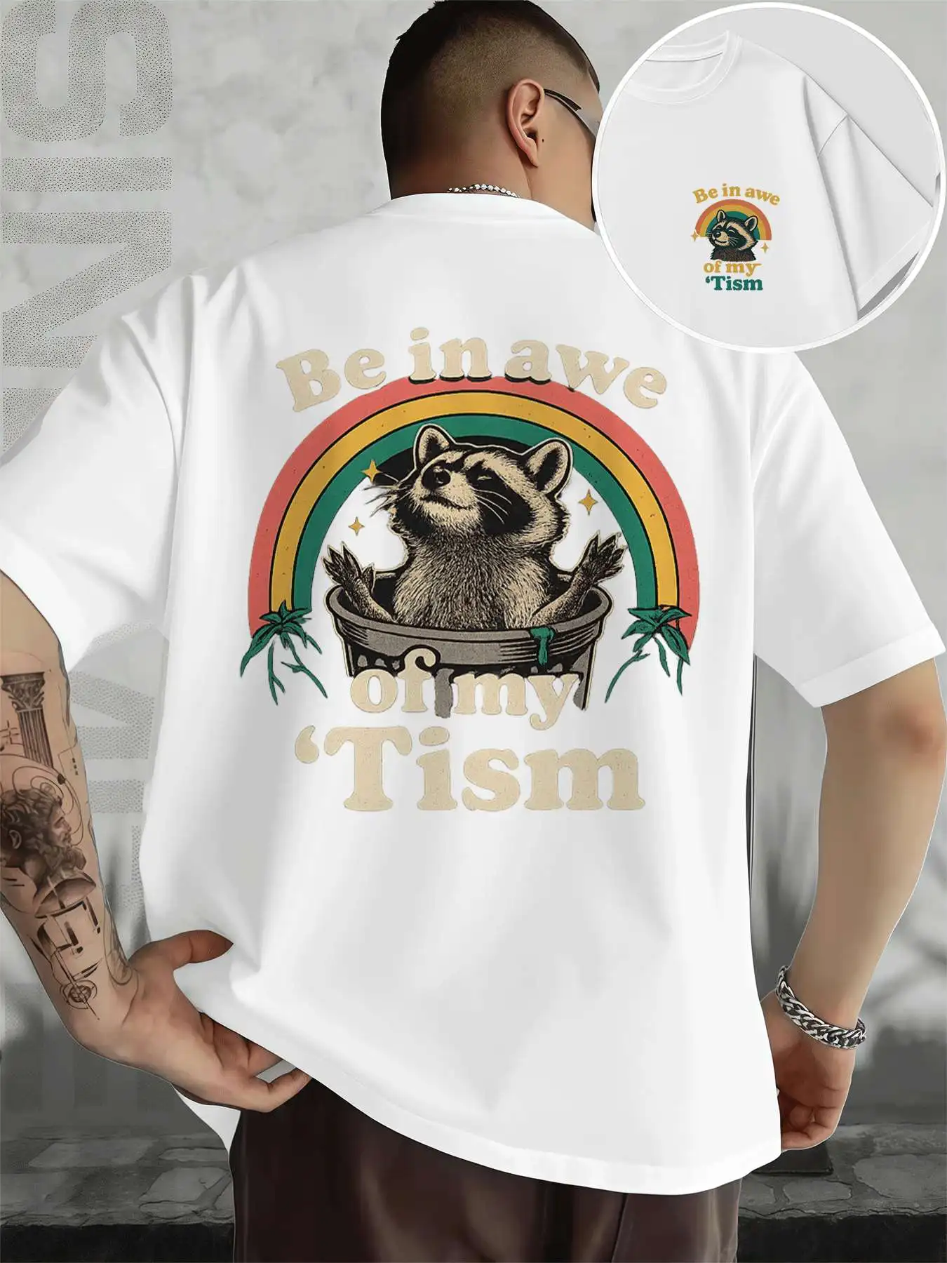 

Повседневная футболка с рисунком енота, мужская модная повседневная футболка из чистого хлопка с двусторонним принтом и круглым вырезом, 220 г/м2