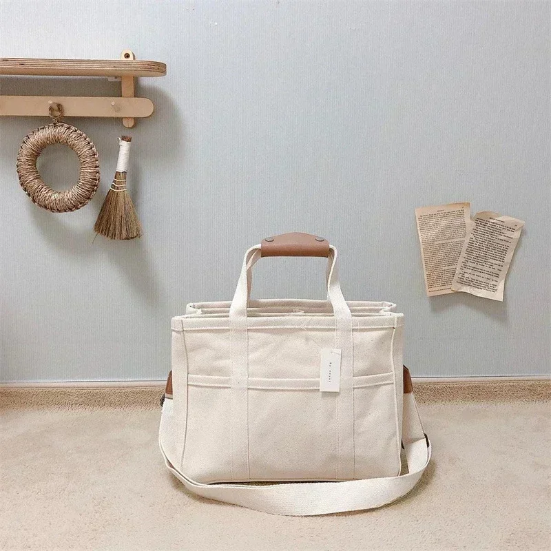 Trendy Multi-pocket Divider Canvas Tote Bag All-match Solid Color Shoulder Bag Perfect Casual Crossbody Commuting Bag