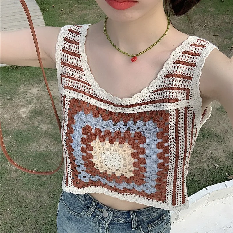 Women's Tank Top Hollowed Out Crochet Color Contrast Knitted Sleeveless Tops