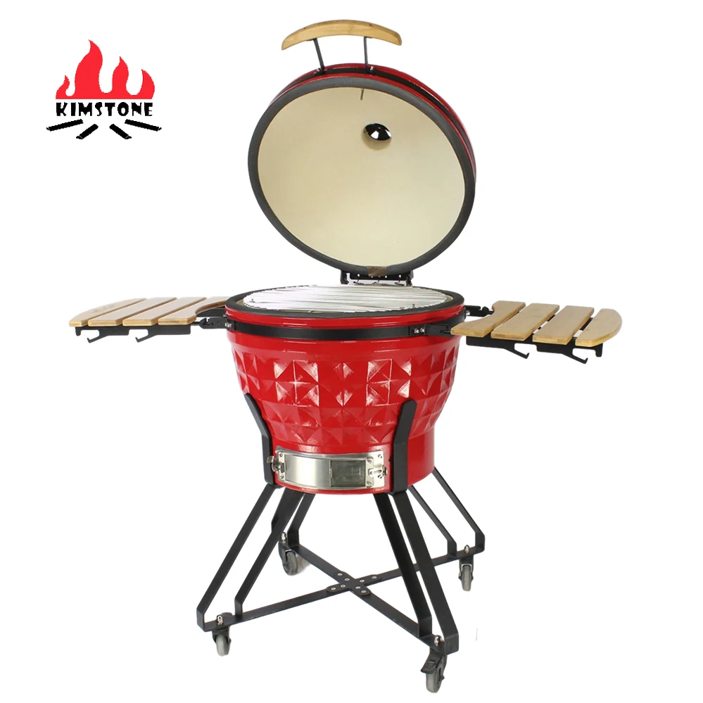 24 Inch Premium Charcoal Kamado Grill Smoker Diamond Pattern BBQ Smoker Cart Side Shelves Stainless Steel Grates for Outdoor Use