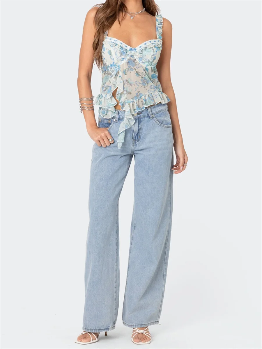 

Women s Sleeveless Floral Print Ruffle Camisole Tank Top - Casual Summer Fashion Streetwear with a Flirty Twist