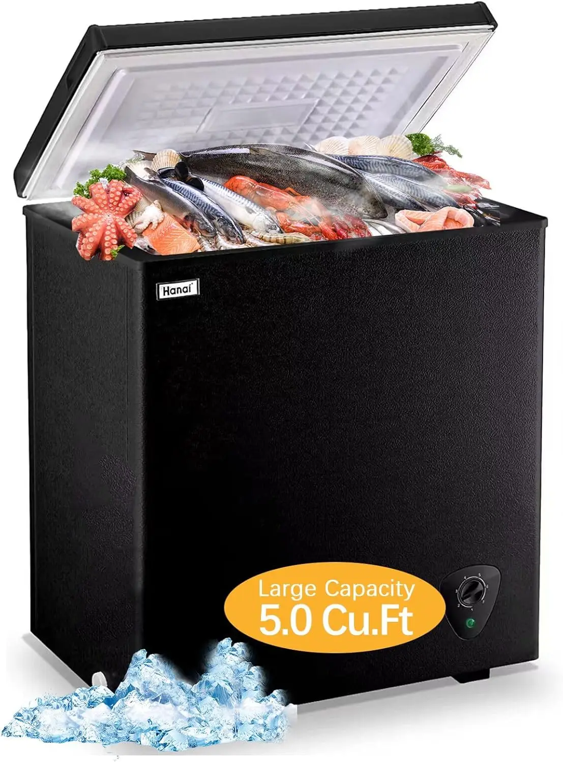 Chest Freezer 5.0 Cu.Ft Black Compact Freezer, Manual Defrost Deep Freezer with Storage Basket,Stay-Open Lid, Side-Access Drain