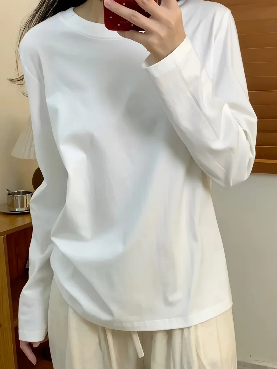 패션 가을 긴팔 티셔츠 기본 티 솔리드 컬러 오버사이즈 우아한 여가 여성 캐주얼 O넥 티셔츠 트렌드 스트리트웨어