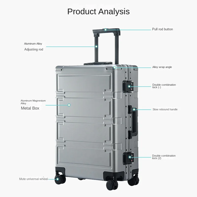 New 20/24/28 Inch 100% Aluminum Alloy Travel Suitcase Rolling Luggage Men Women's Boarding Suitcase Trolley Case with Wheels