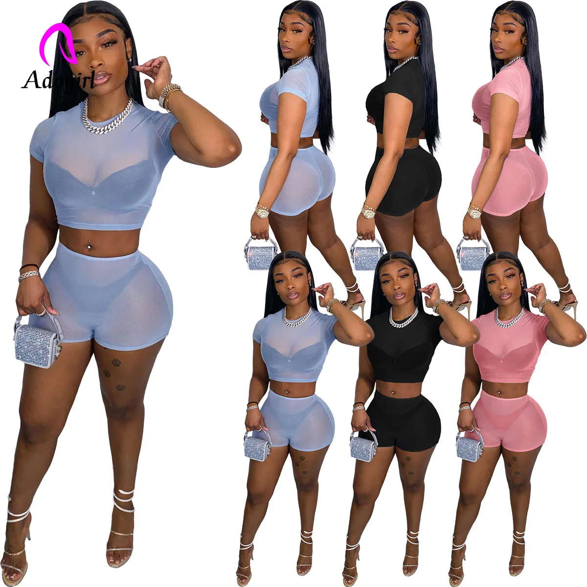 

Sexy See Through Sheer Mesh Women 2 Piece Set Fitness Solid Short Sleeve Crop Top Biker Shorts Outfit Night Club Party Tracksuit