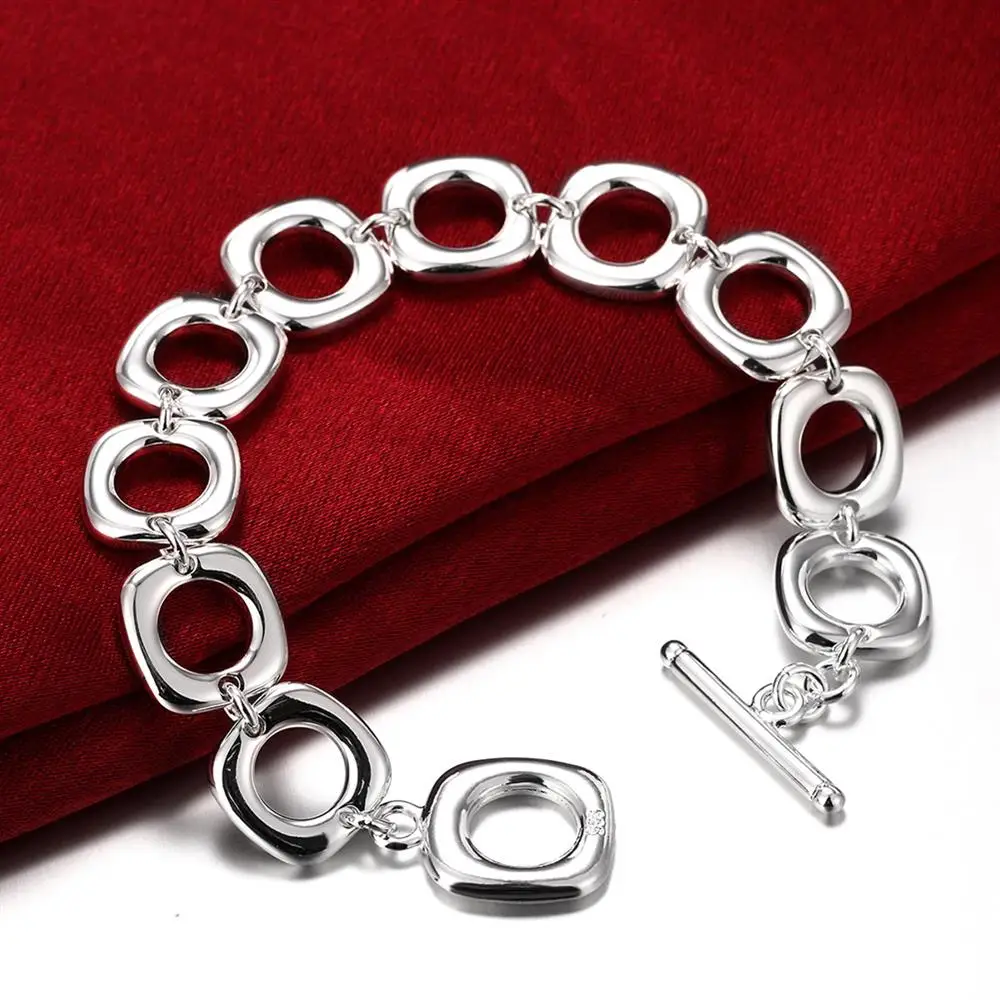 Quente popular clássico quadrado círculo corrente 925 pulseira de prata esterlina para mulher homem festa de casamento presentes de natal moda jóias