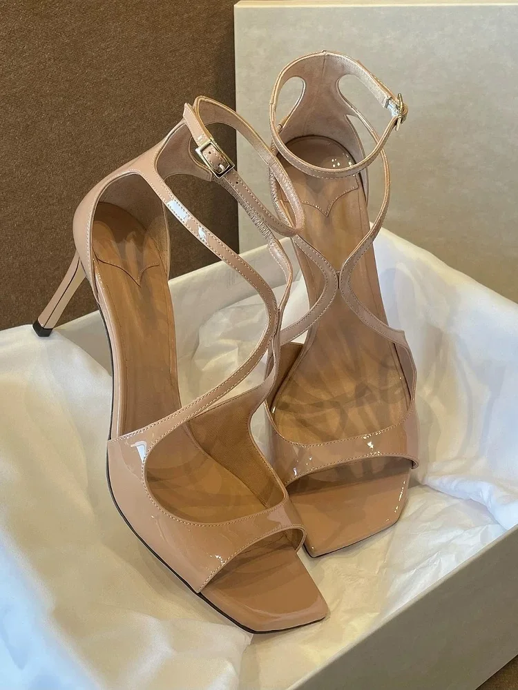 

2025 European and American Women's New Square Toe Sandals Summer Nude Patent Leather Stiletto Sexy High Heels