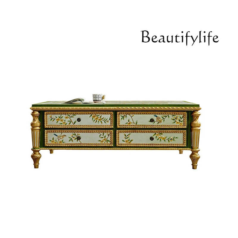 

European-Style Painted High-End Villa Coffee Table American-Style Wood Carved Large Apartment Living Room Tea Table