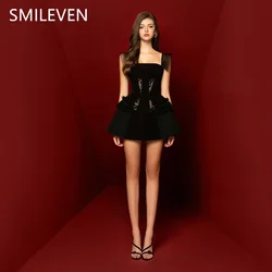 Smileven A-line Black Mini Prom Dress SexyLace Applique Formal Evening Gowns Backless Sleeveless Wedding Party Dress Customized