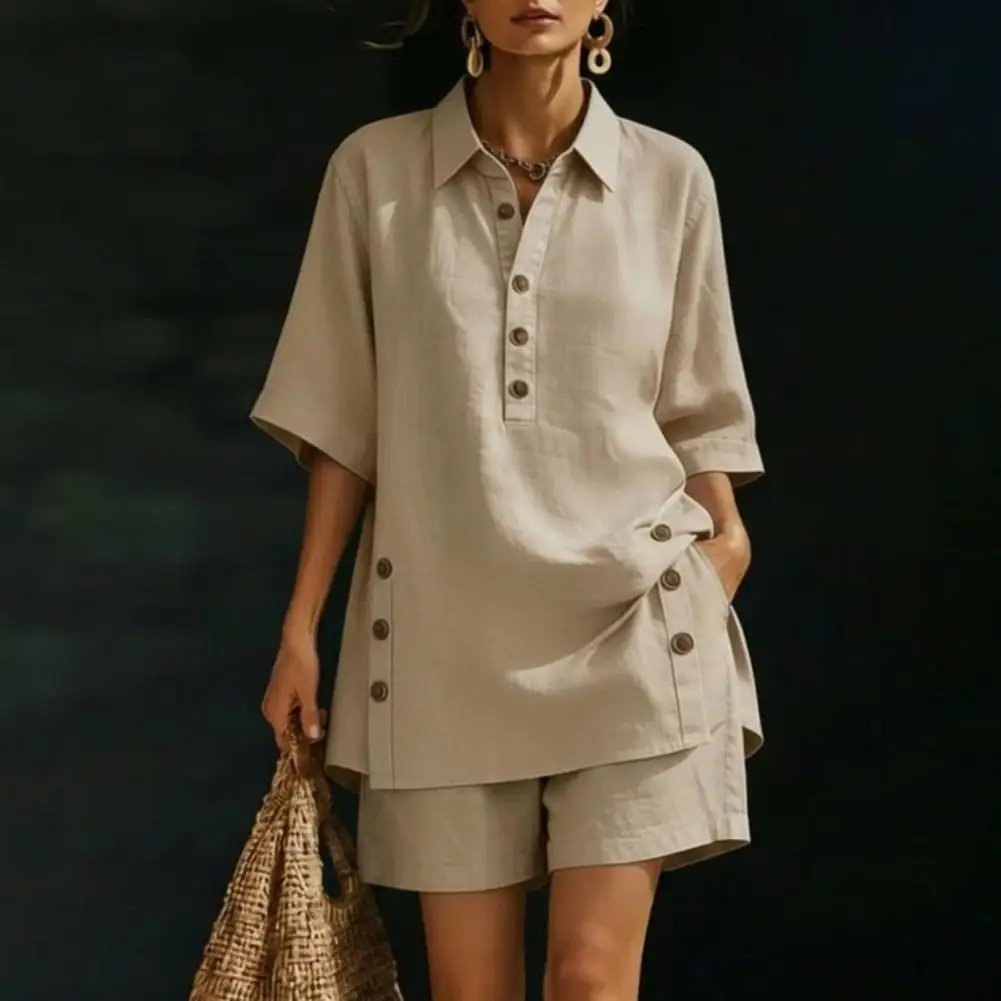 Lapel Button Shirt Cotton Linen Women’s 2 Piece Outfit Button Short Sleeve Shir… - Image 6