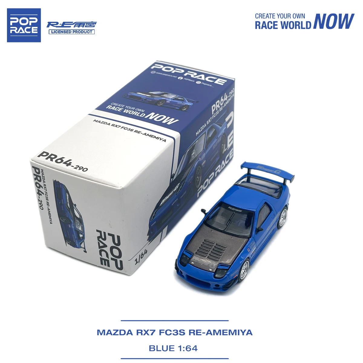 Pop Race 1:64 Mazda RX7 FC3S RE-AMEMIYA Blue Diecast Model Car (Open Hood) #PR640290 In Stock Ready To Ship