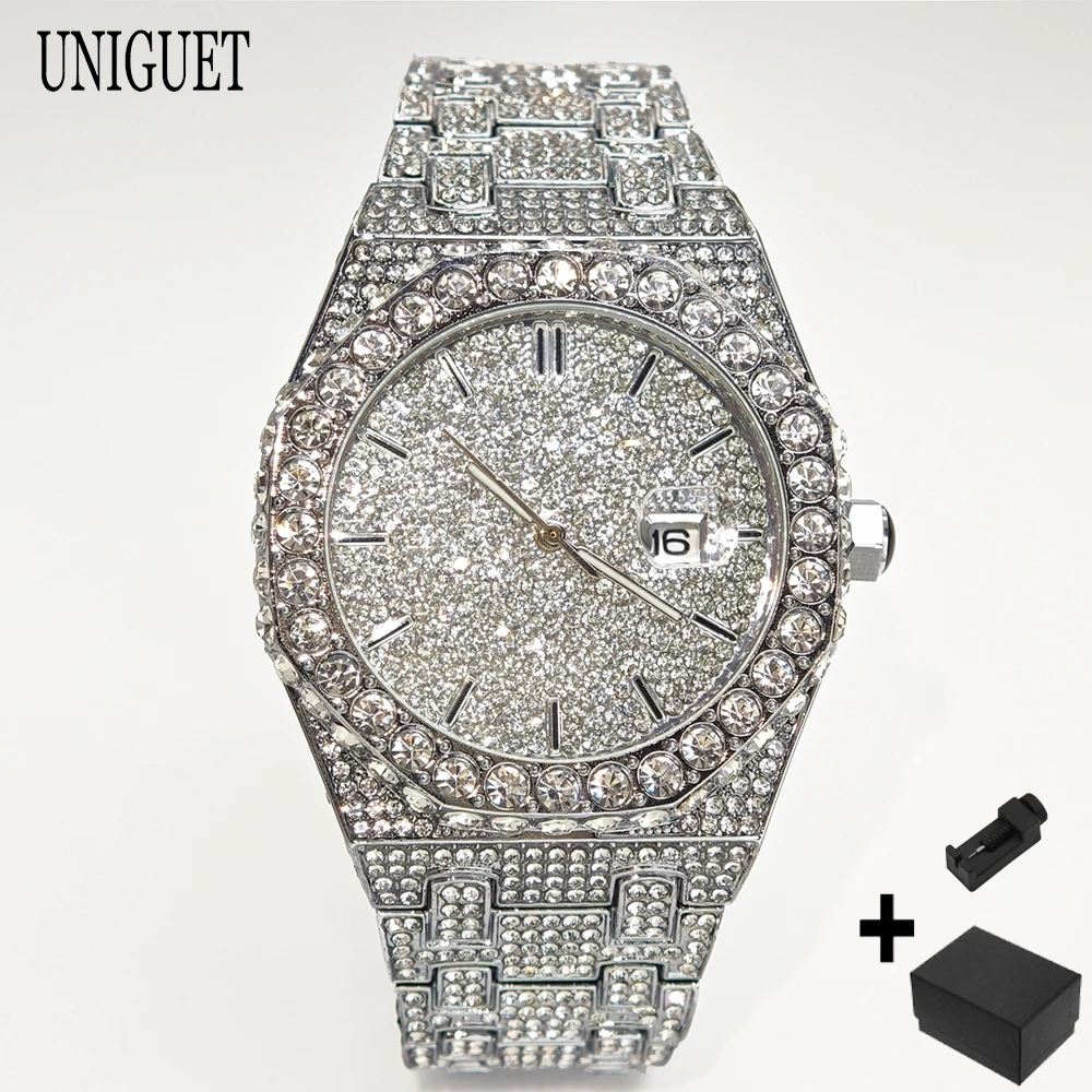 Reloj de lujo a la moda con diamantes helados para hombre, marca superior UNIGUET Hip Hop Bling, reloj de fecha resistente al agua para accesorios elegantes, nuevo de 2025