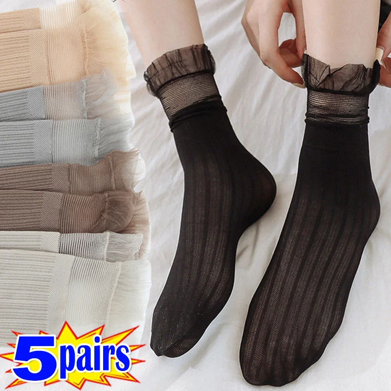 

1/5Pairs Velvet Socks Ultra-thin Transparent Lace Frilly Ruffle Socks Women Fashion Summer Japane Style Harajuku Long Lace Socks