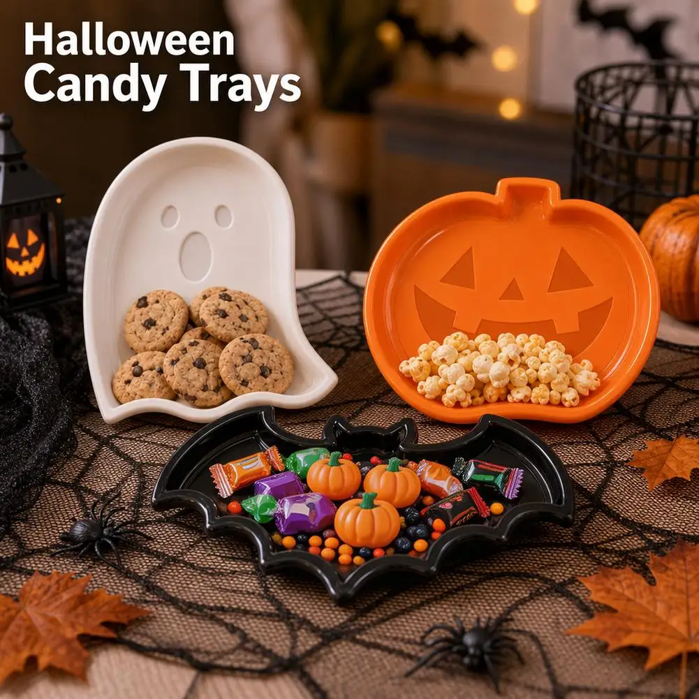 Halloween Candy Trays PP Plastic Serving Dish Pumpkin Ghost Bat Snack Plates Party Table Decoration Food Fruit Dishes Kids Gifts