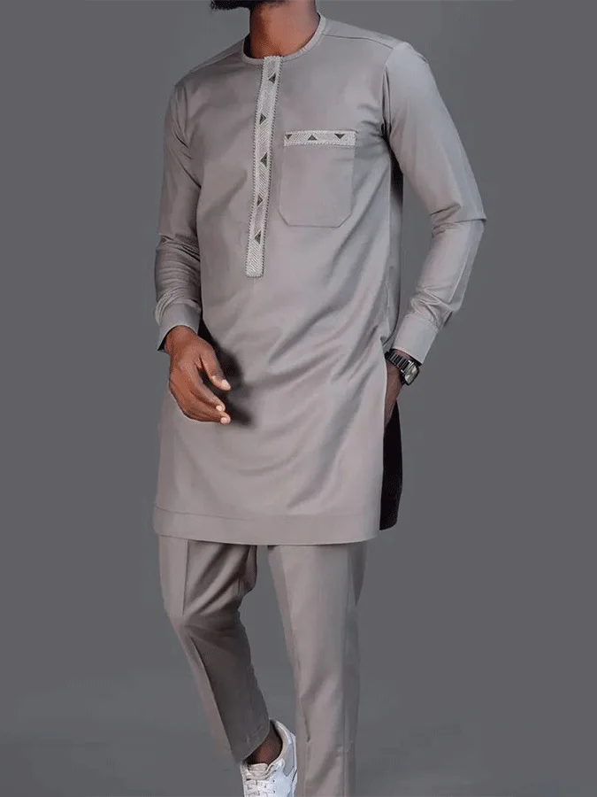 Four Seasons New Fashionsolid Color Grey Men's 2 Pieces Sets Afirican Syle Ethinic Casual Clothes and Pants  Muslim Men Clothing