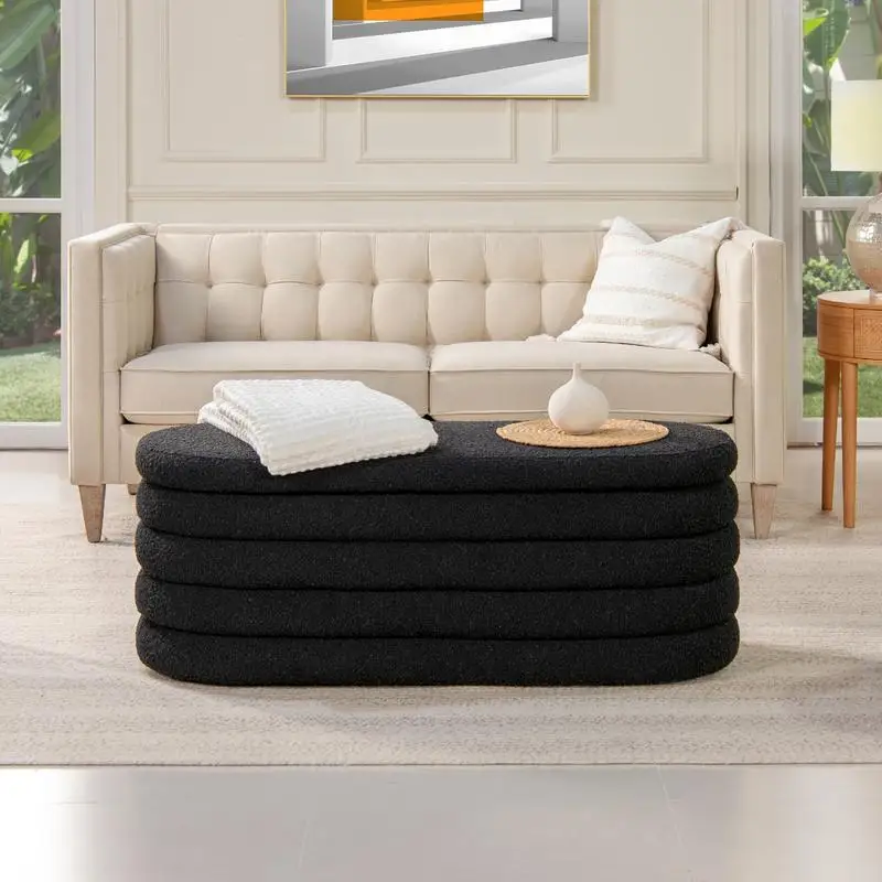 

Upholstered Oval Storage Bench in Ebony Black Boucle, Stylish Design for Home or Office, Ideal for Extra Seating and