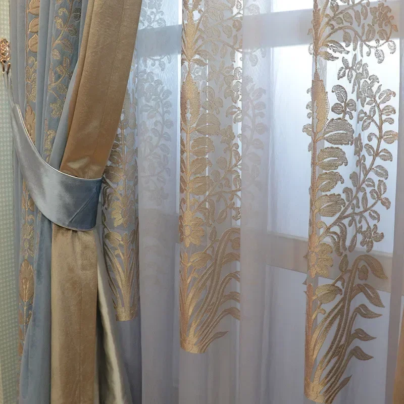 European-style Blue Velvet Screen Luxury Curtains for Living Dining room Bedroom Decorative Tulle Embroidery Curtains Custom