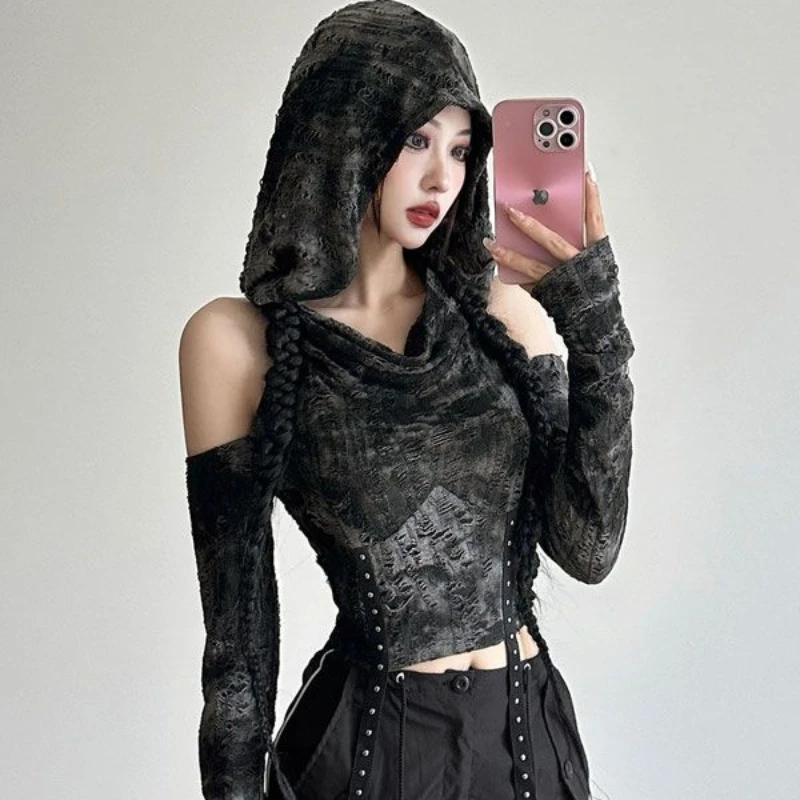 T-shirts Women Hooded Spring Long Sleeves Distressed American Retro Creativity Solid Streetwear Fashion Slim Backless Cut Out