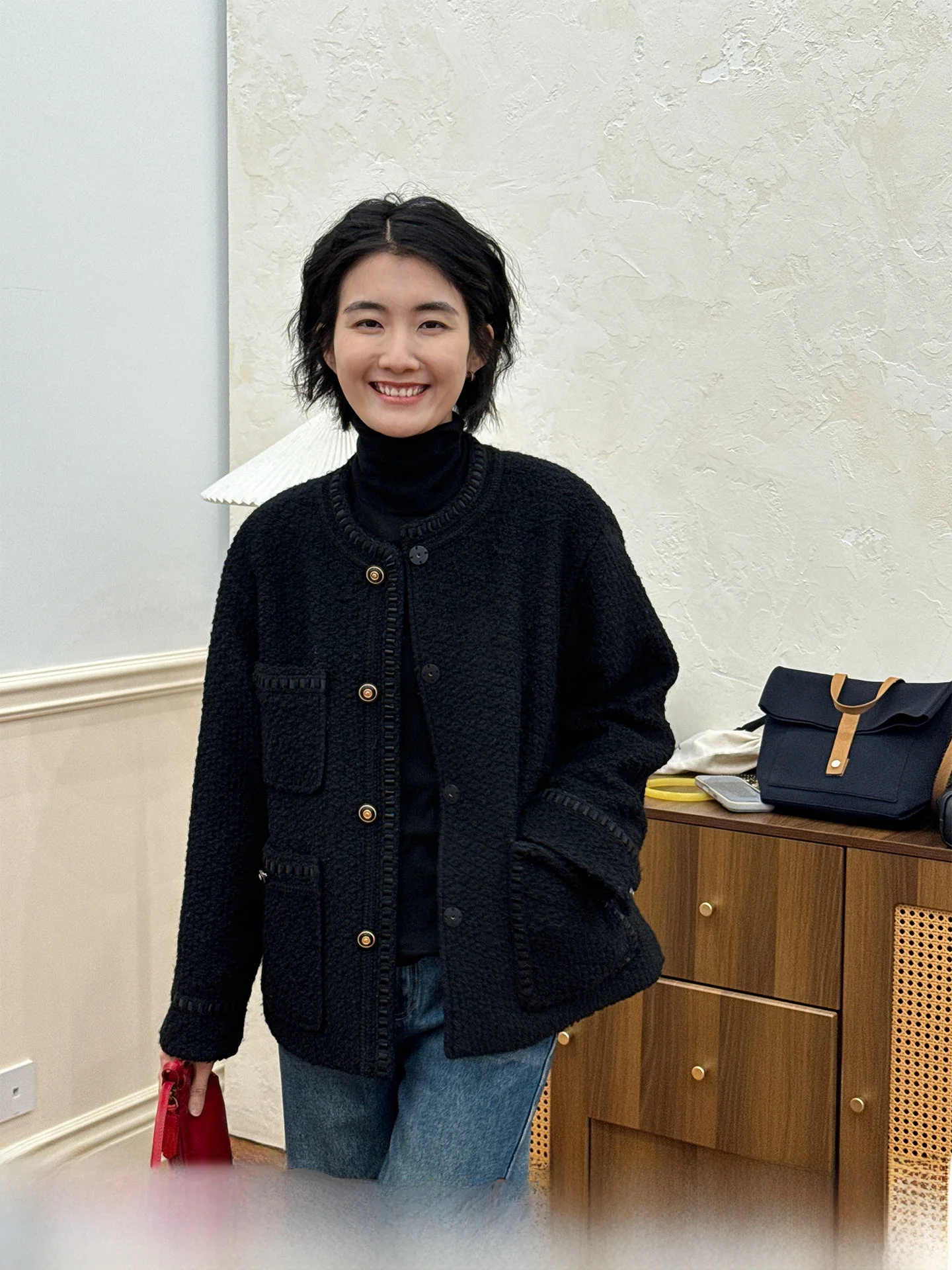 

Warm Wool-Cotton Blend Coat Black round Neck Small Fragrance Style Women's Loose Fit Winter Outerwear Langqing Tong Brand