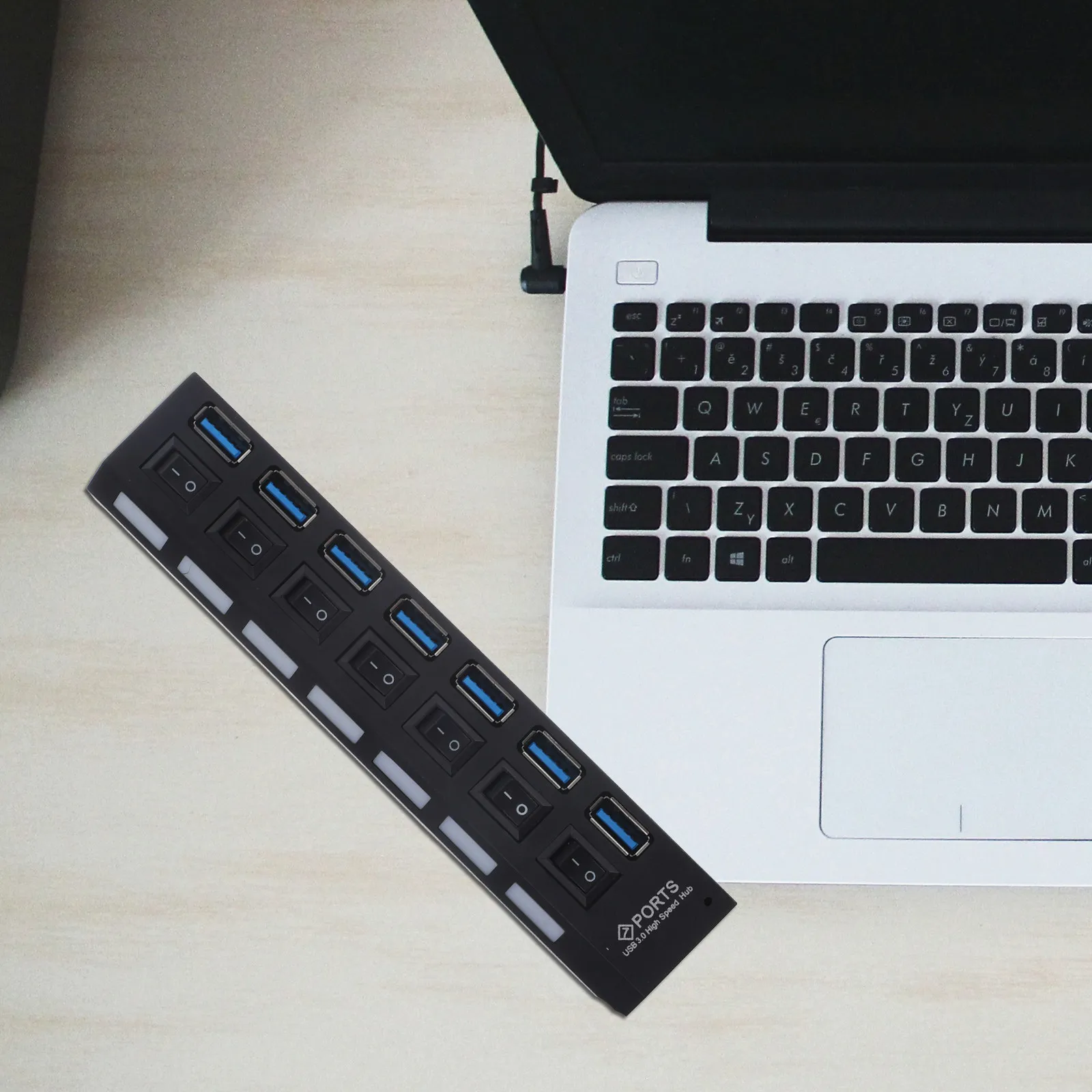 7 Port USB Hub 3.0 High-Speed USB Splitter Individual LED on Off Ports Hot Swap Driver Free Compatible for Laptop Computer