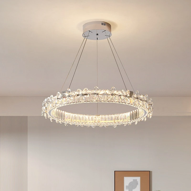 French Light Luxury Style Living Room/Dining Hall Crystal LED Pendant Light Designer Circle Art Creative Ornaments Hanging Lamps
