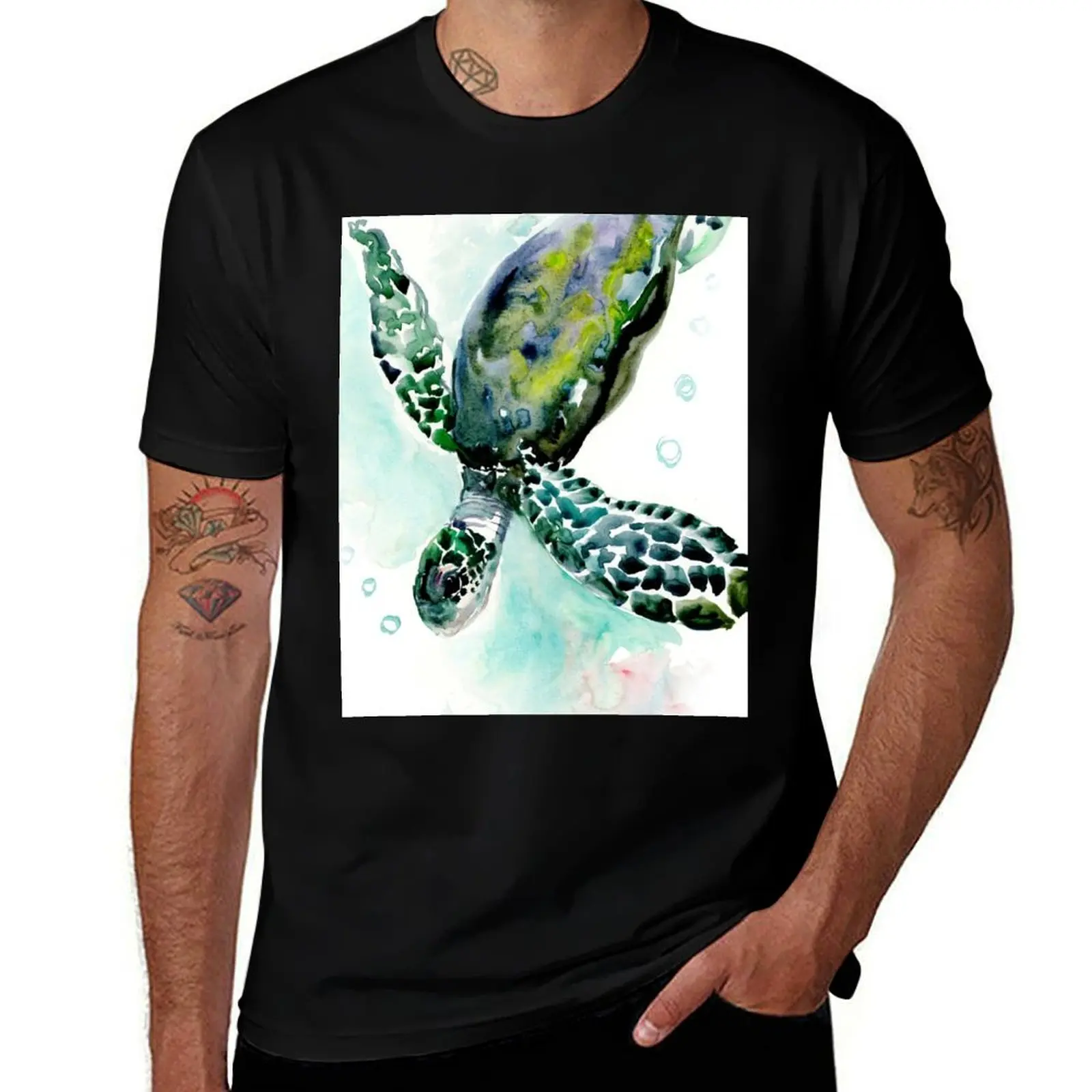Sea Turtle, Blue turquoise olive green navy blue artwork underwater T-Shirt Summer Holiday T-Shirt