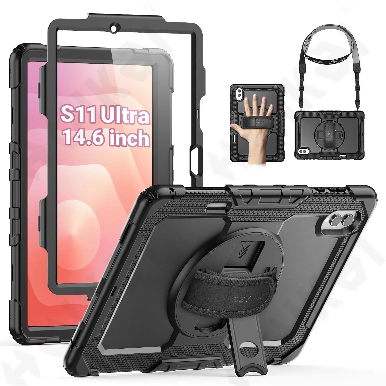 

Case For Samsung Galaxy Tab S11 Ultra 2025 14.6 Inch Rugged Shockproof Heavy Duty Rotating Stand Hand Shoulder Strap Black