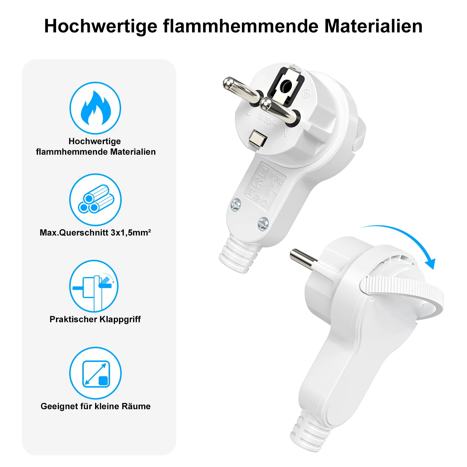 قابس زاوية Schuko مع اتصال أرضي، 250 فولت، 16 أمبير، قابس مسطح مع قبضة قابلة للطي وحماية مدببة الجهد، 3 قطع #3