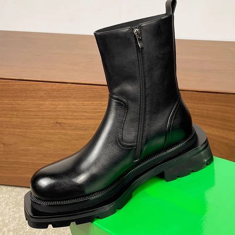 Luxury Men Chelsea Boots Genuine Leather Thick Sole Mid Calf Work Shoes Side Zipper High Top Motorcycle Boots