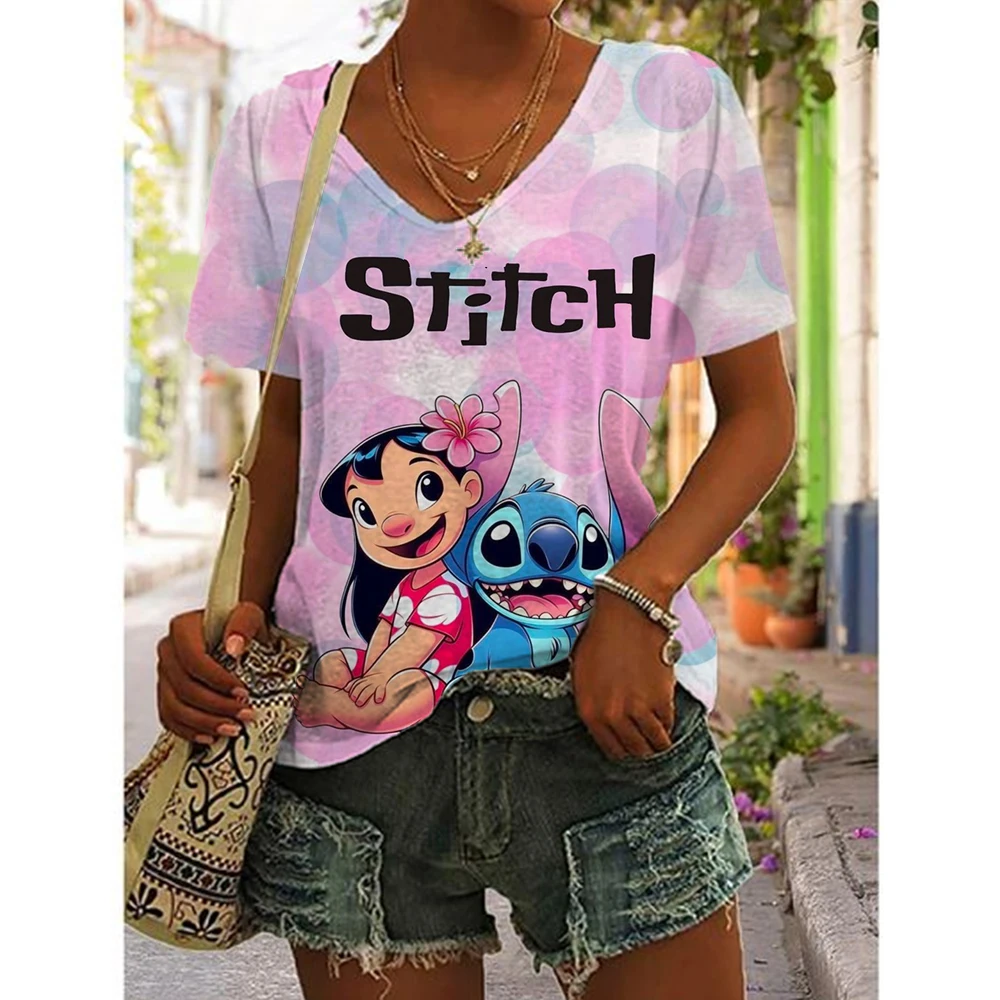 Fashion V-Neck Short Sleeve T-Shirts Summer Women's Clothing Simplicity Disney Stitch Print Change Pullover Casual Cartoon print