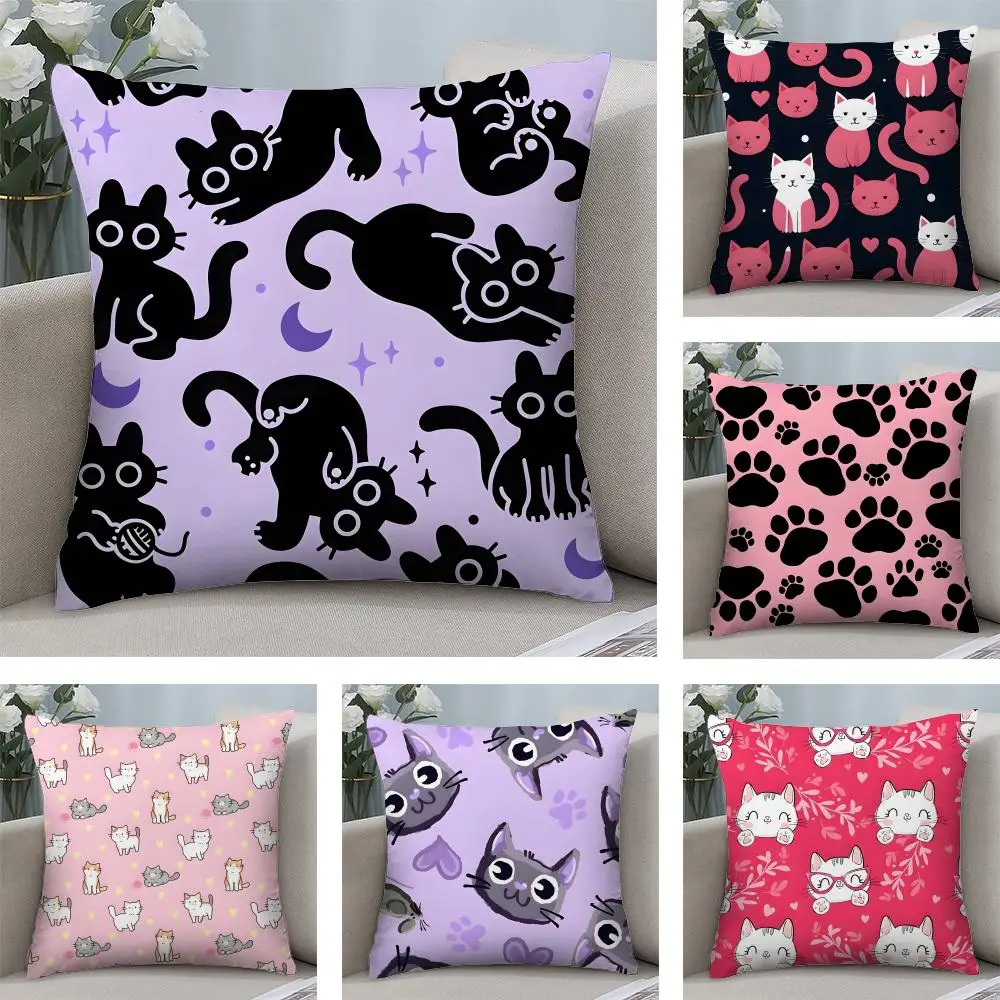 Cute Cat Cushion Cover Soft Plush Fabric Double-Sided Printed Sofa Cushion Cover for All Seasons Home Decor Gift