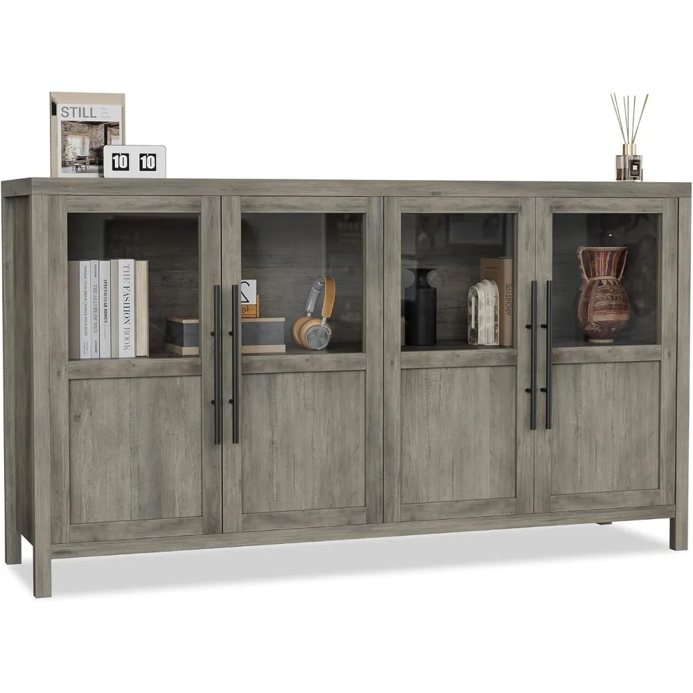 

Sideboard Buffet Cabinet With 4 Glass Doors, 55" Buffet Table Coffee Bar Wine Bar Display Cabinet For Kitchen Dining Room,