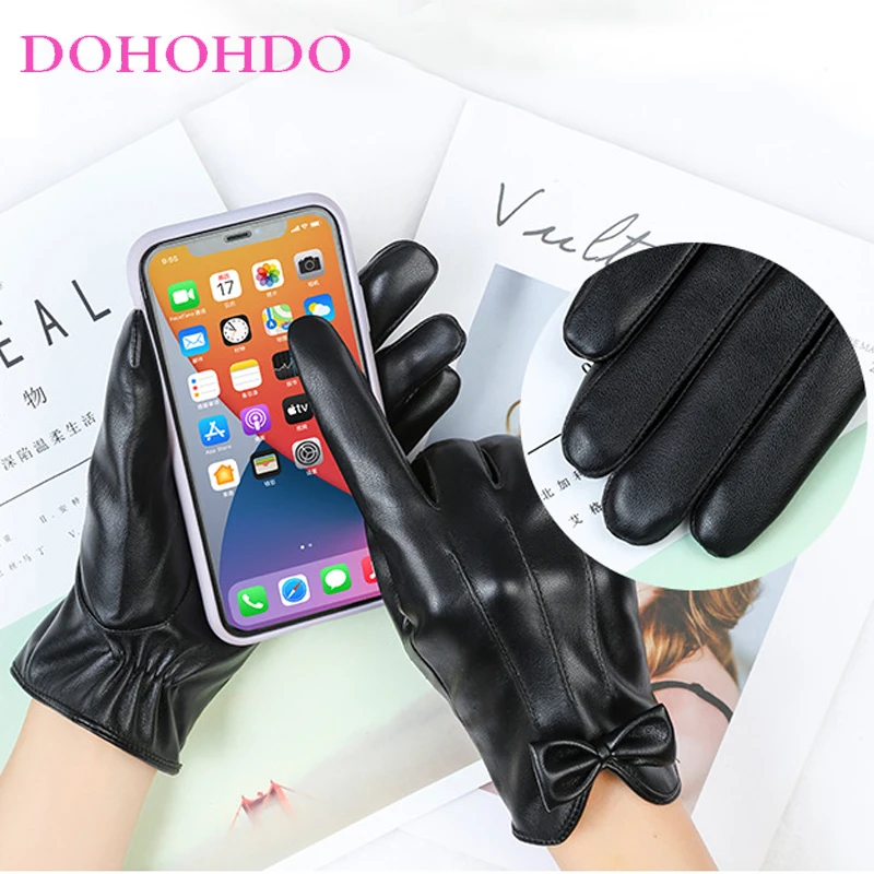 السيدات قفازات جلدية تعمل باللمس في الخريف والشتاء سميكة الدافئة ركوب الدراجات القيادة قفازات امرأة قفازات سوداء Perчатки Жеыыыыы