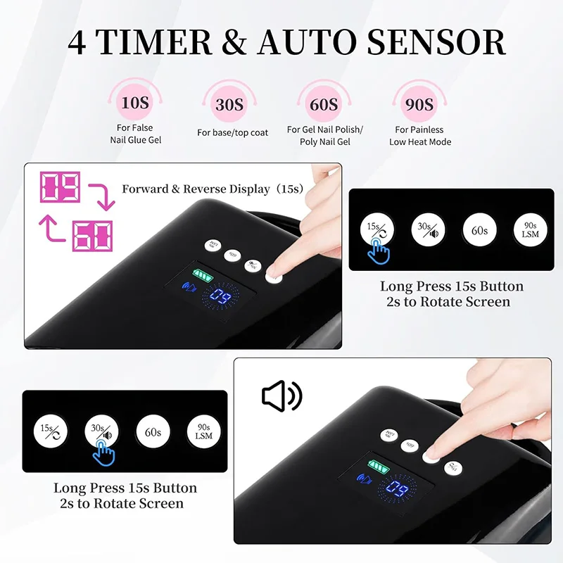 مصباح أظافر قابل لإعادة الشحن مع مرآة سفلية، مجفف طلاء جل لاسلكي، آلة أظافر احترافية، مصباح LED للأظافر بالأشعة فوق البنفسجية