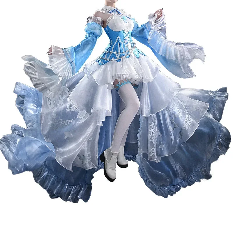 Re ontariCosplay Costume pour femmes, robe Ramu REM, magnifique robe en cristal de glace, ensemble uniforme, perruques pour filles, chaussures de cheveux Cos