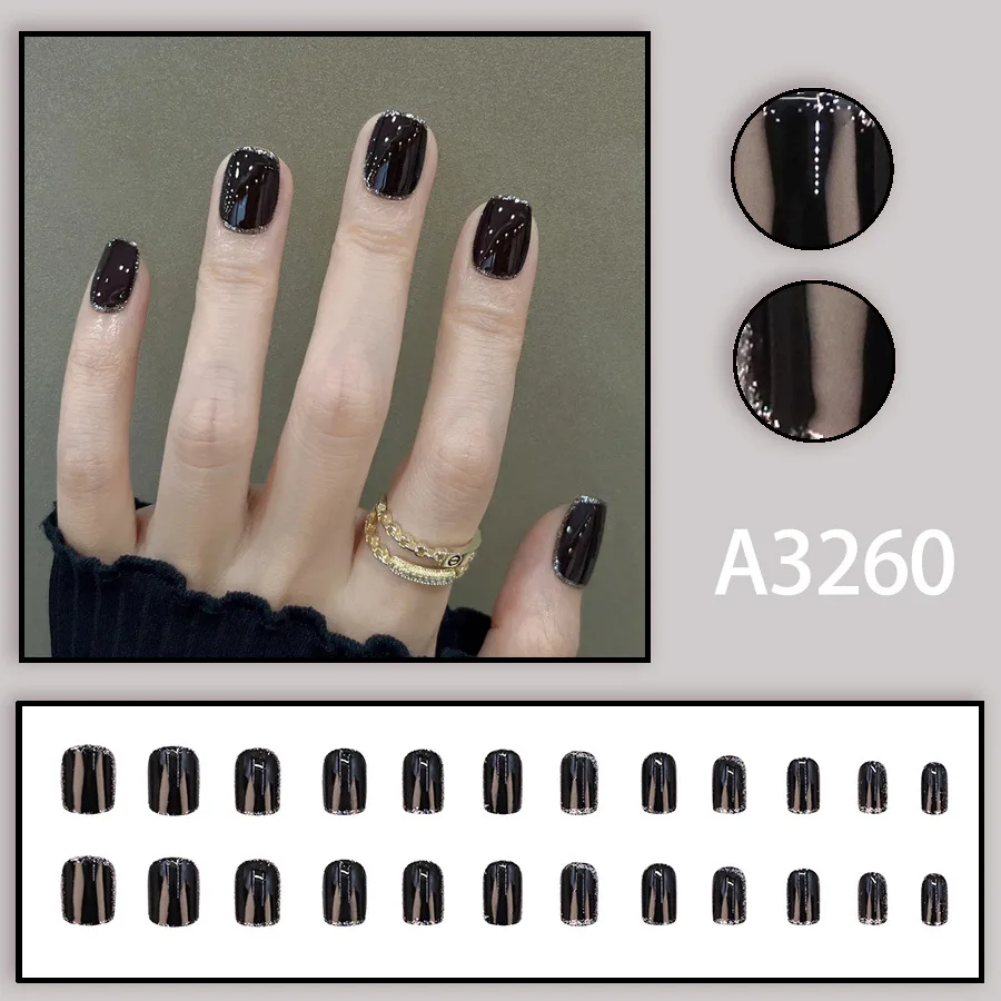 24個入り ブラックネイル プレスオン ガールズ シルバーグリッターネイルチップ ショート人工ネイルアート 再利用可能 粘着剤付きつけ爪