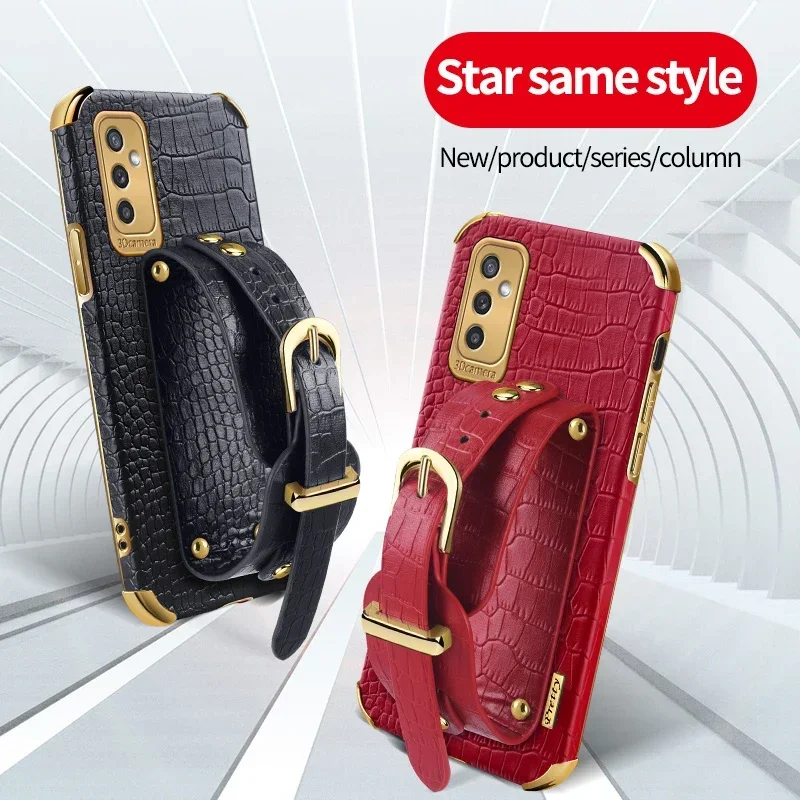 

Wristband Strap Holder Cover Case For Samsung Galaxy M53 M54 M15 M13 4G M14 M52 5G Crocodile Leather PU Silicone Soft Phone Case