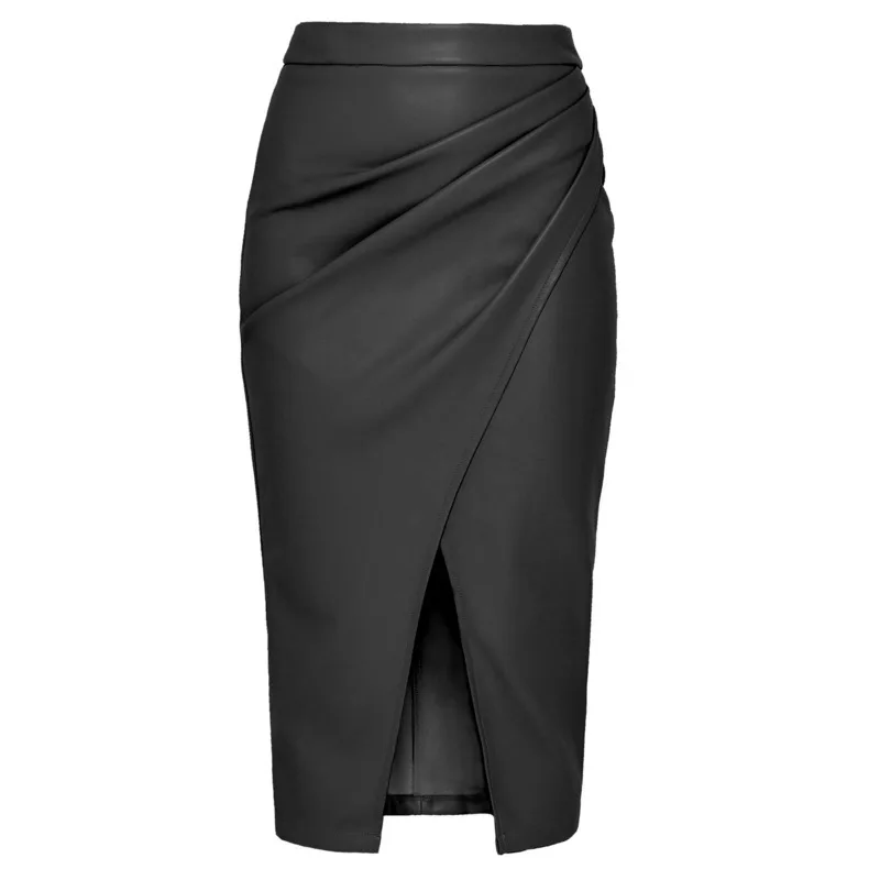 New In Women's PU Leather Skirt 2024 Fall Winter Office Lady High Waisted Zipper Pleated Bodycon Skirts Female Sexy Skirt