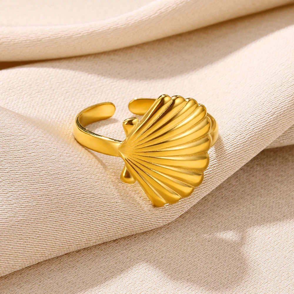 Gold Color Sea Shell Rings For Women Men Opening Adjustable Stainless Steel Summer Beach Seashell Ring Statement Jewelry Gift