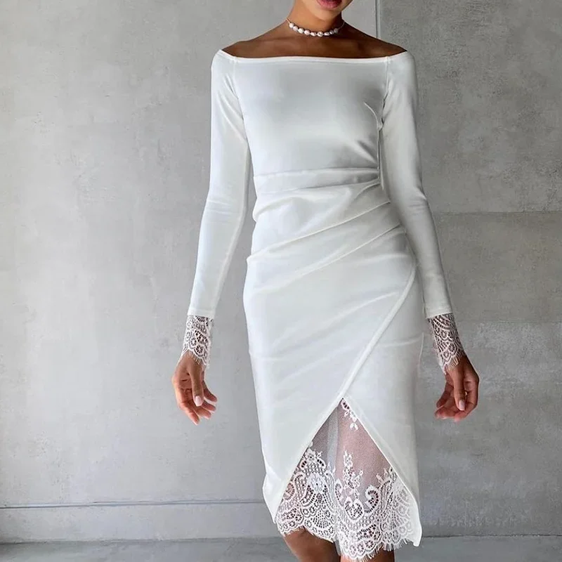 

Women's Sexy Lace Hollow Dress Open Back One-line Neck Slim Long Sleeve Birthday Party Wedding Irregular Split Princess Dress