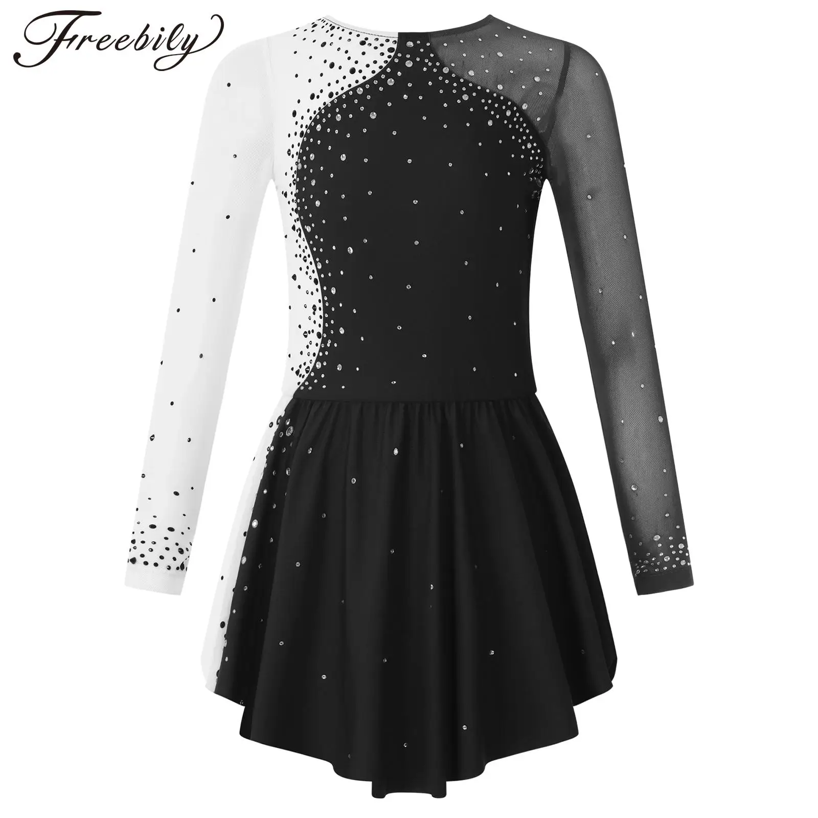 Kids Girls Ballet Dance Dress Long Sleeve Shiny Rhinestone Figure Skating Gymnastics Leotard Dress Stage Performance Costumes