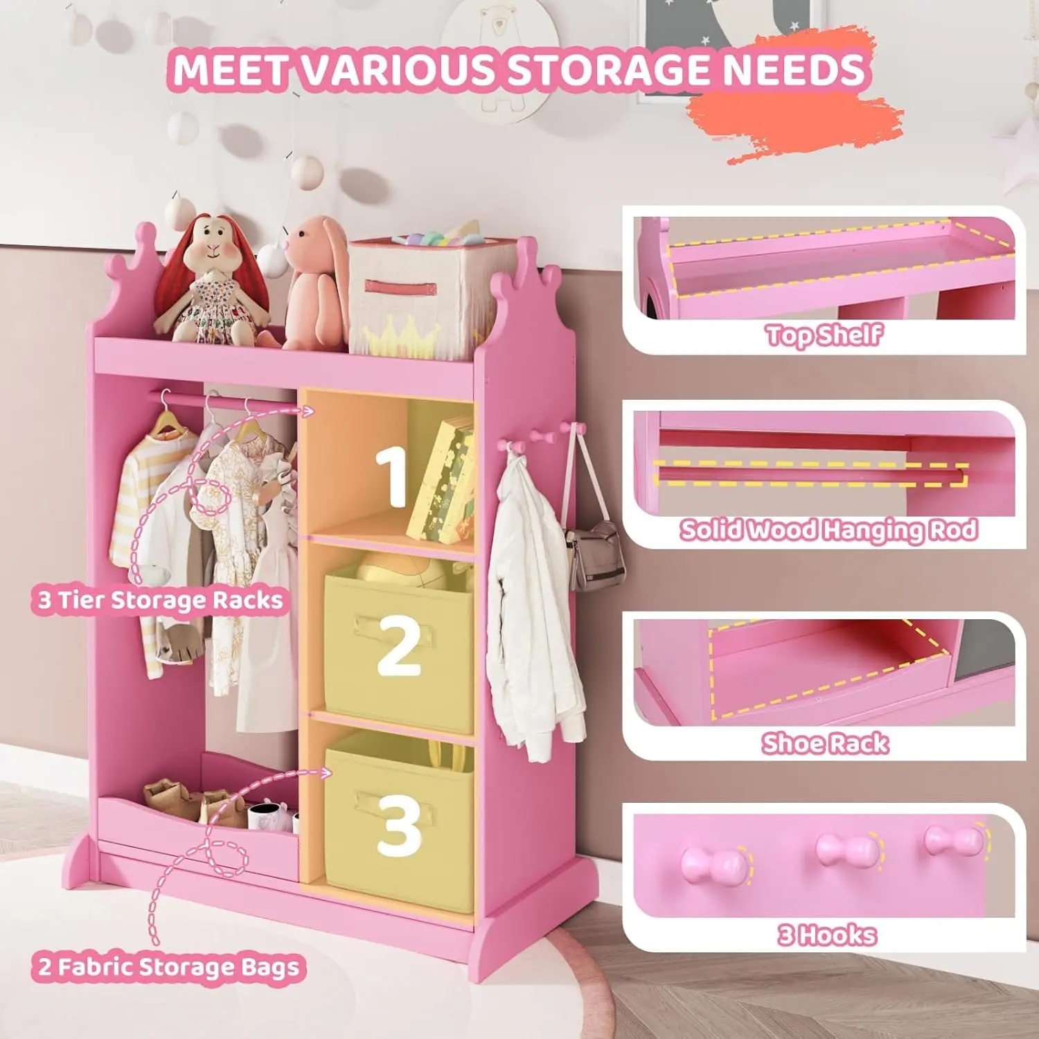 Wardrobe with Mirror, Open Dress Up Storage Kids Armoire Wardrobe with 3 Tier Storage Shelf,2 Fabric Storage,Shoe Rack, Kids Dre
