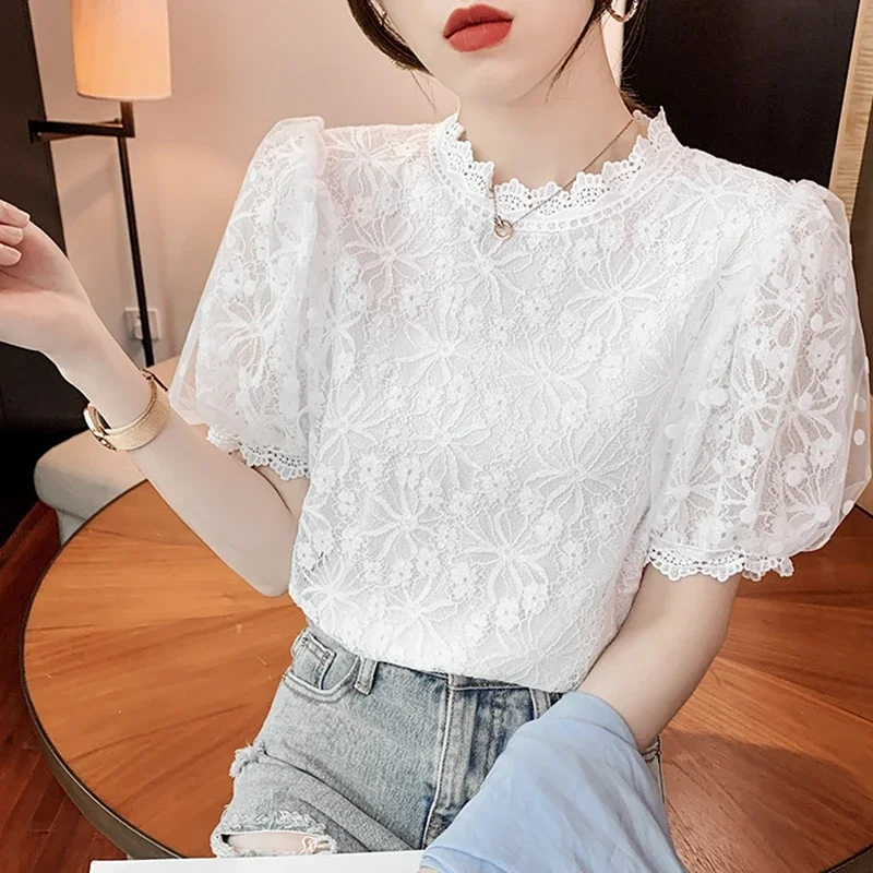 Women White Lace Blouses Summer 2024 Fashion Hollow Out Black Blusas Mujer Casual Korean Style Elegant Puff Sleeve Tops Vintage