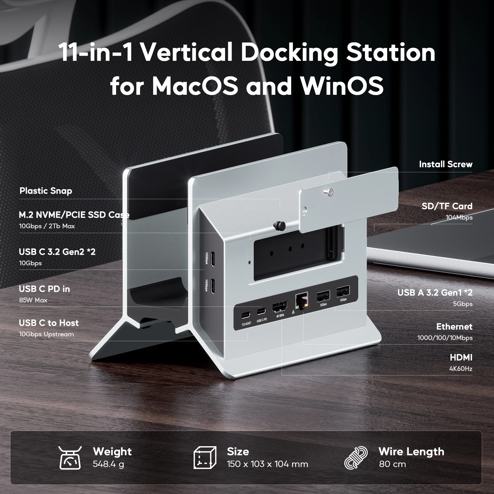 PULWTOP Vertical USB C Docking Station with 4K@60Hz HDMI, 3 USB, SD/TF, PD3.0, RJ45, 3.5mm Audio for MacBook Pro/Air,Laptop