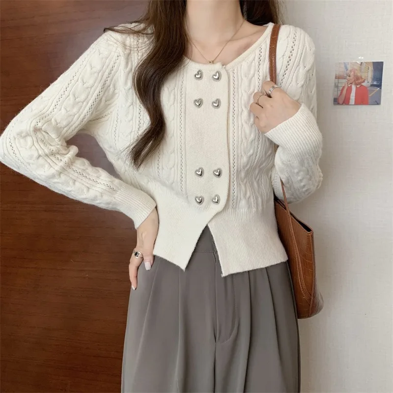 Autumn Retro V-neck Double-breasted Love Solid Color Twist Sweater Slim Short Knit Cardigan Blouse Woman