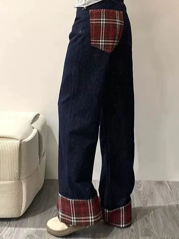 High Waist Plaid Denim Pants Women's Autumn Winter Loose Fit Slimming Wide Leg Jeans High Waist Cuffed Casual All Seasons