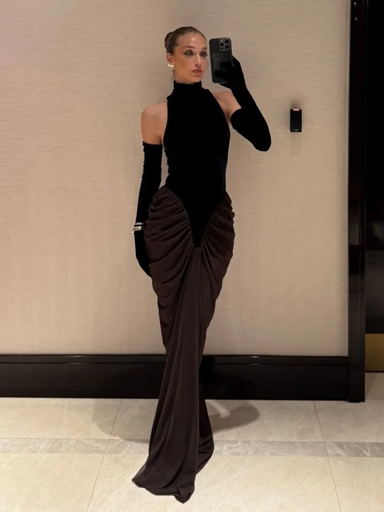 Sexy High Neck Samt Patchwork Geraffte Langes Kleid mit Handschuhen Frauen Ärmellose Bodycon Runway Promi Abend Party Kleider